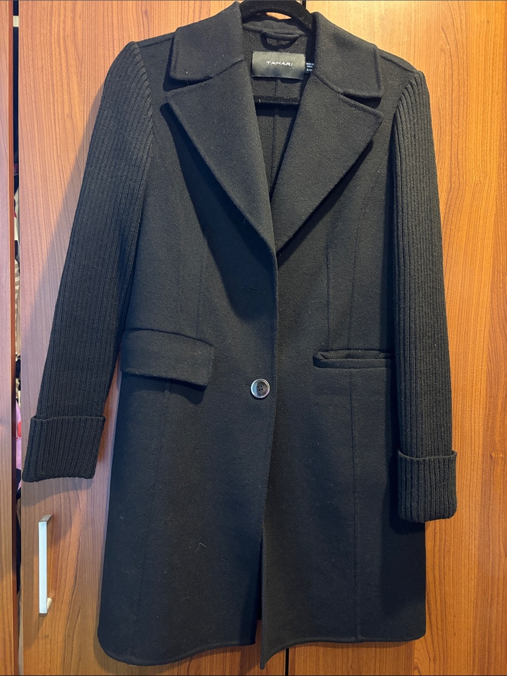 Tahari Black Trench Coat with Ribbed Knit Sleeves